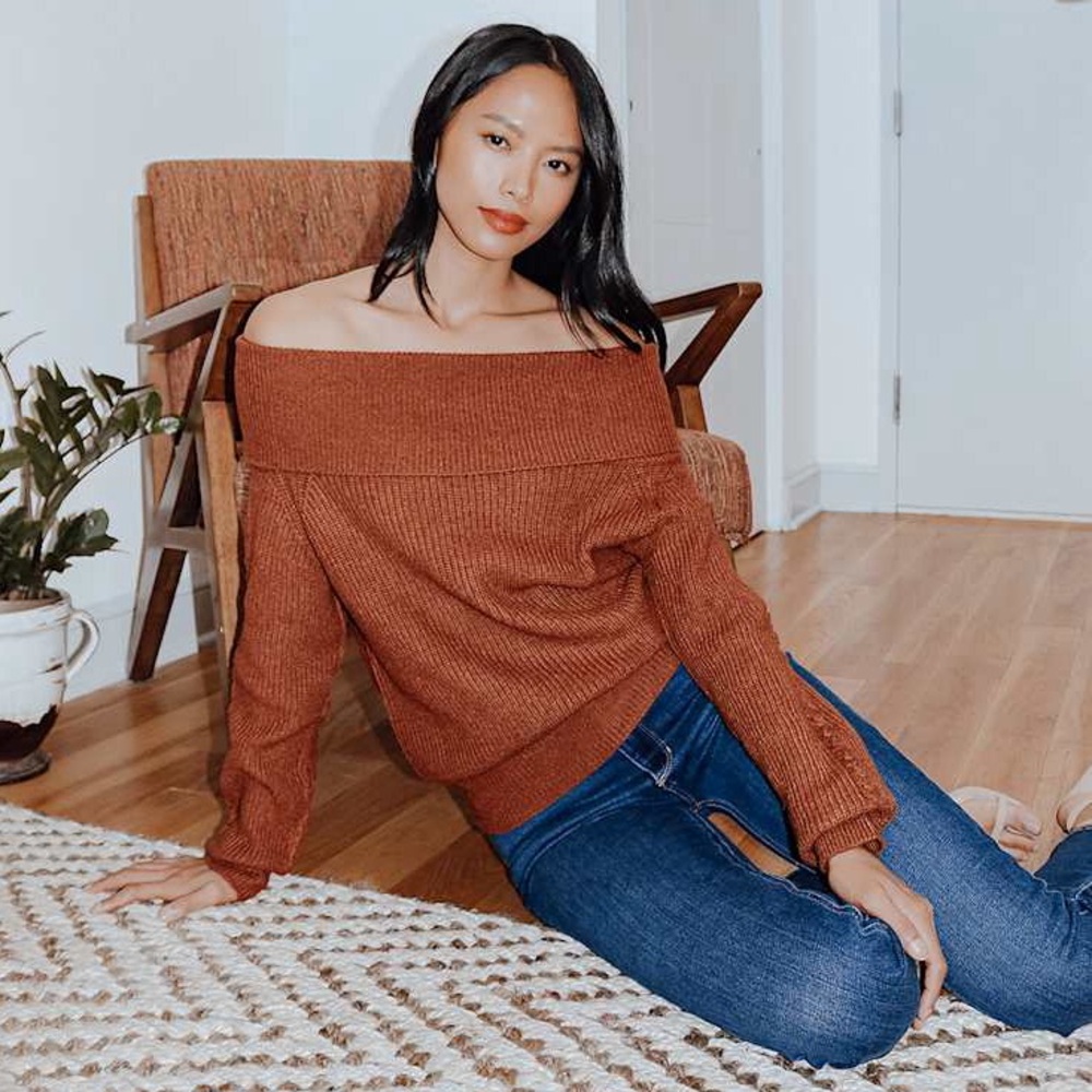 Lulus Cozy Love Rust Red Ribbed Off-the-Shoulder Sweater NWT